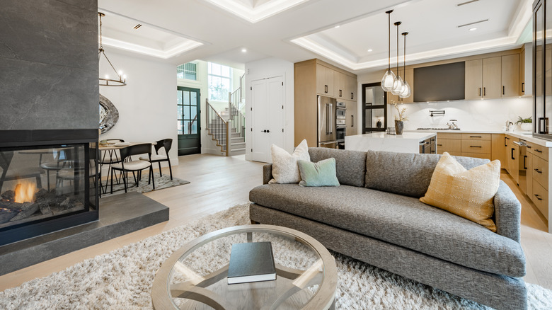 A living room interior with a cool gray sofa