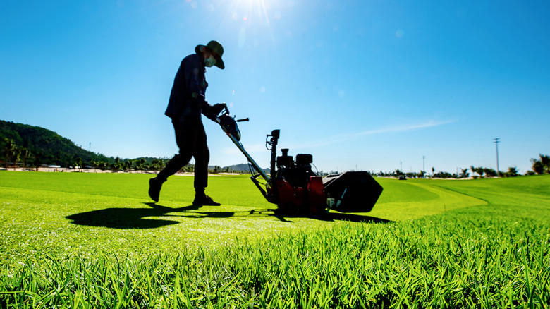 worker applying fertilizer to golf course