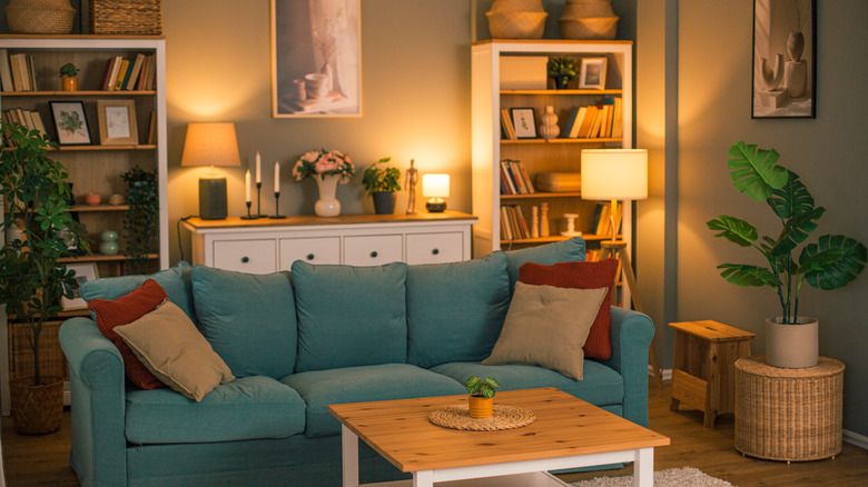 A living room set up with cozy lighting from various lamps