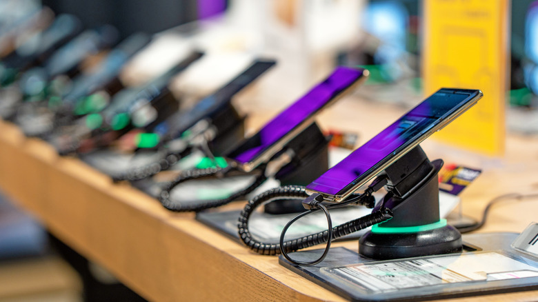 Smartphones on the shelf of the technology store