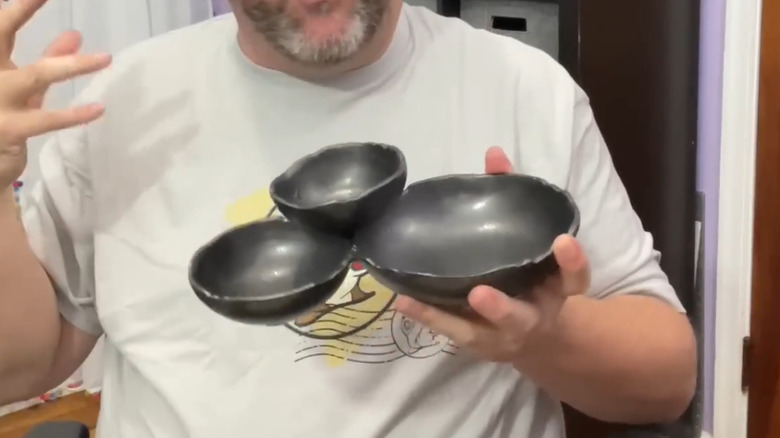 Three bowl metal serving tray