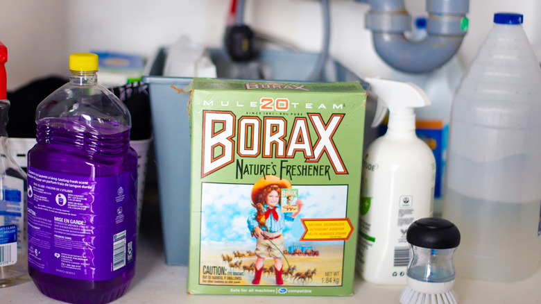 A pack of borax powder in the midst of cleaning liquids and items in an under-sink cabinet