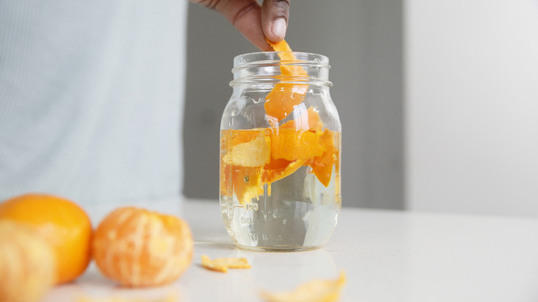 Citrus peels being placed in a mason jar with water inside