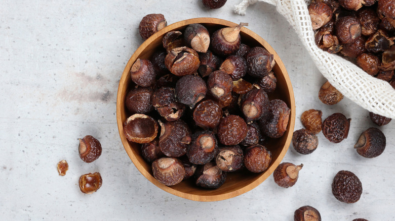 Soap nuts in a bowl on a counter