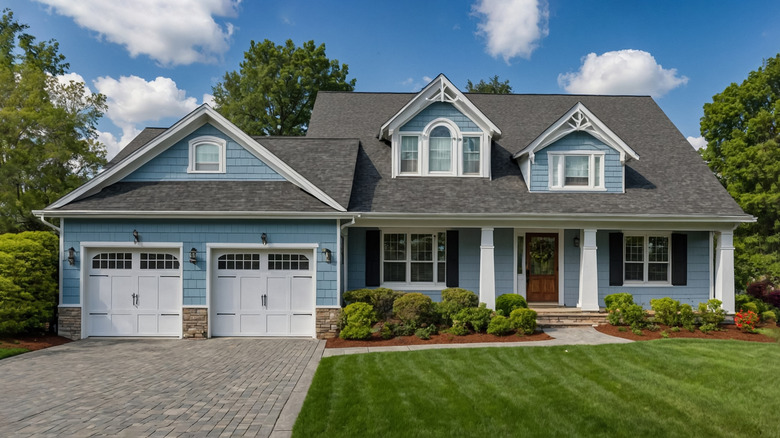 Blue house in the suburbs with white trim and a green lawn