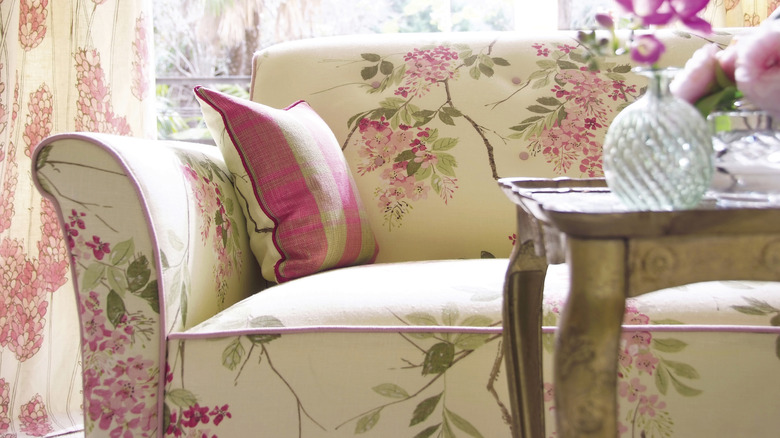 Close-up of a floral, printed couch