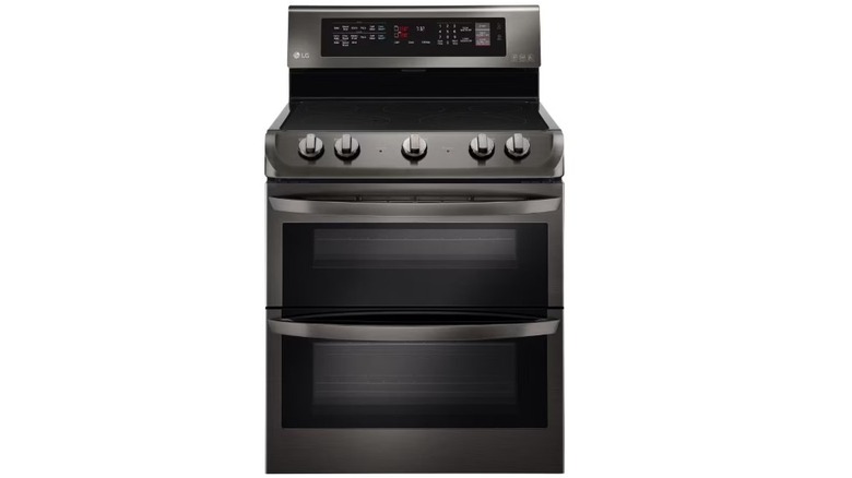 An LG range in a dark stainless steel color