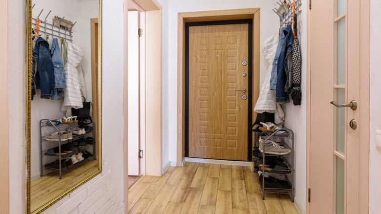 Small entryway with wall hooks, shoe shelves, and a large mirror