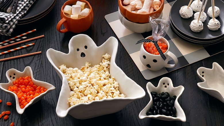 Ghost-shaped snack bowls with snacks