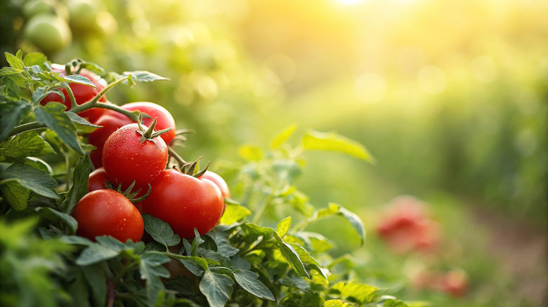 Tomatoes growing on the vine in a sunny location