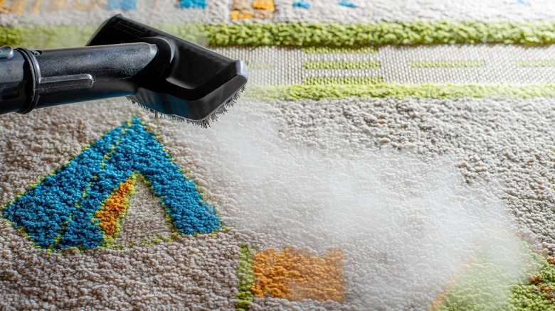 A steam cleaner being used on a colorful rug.