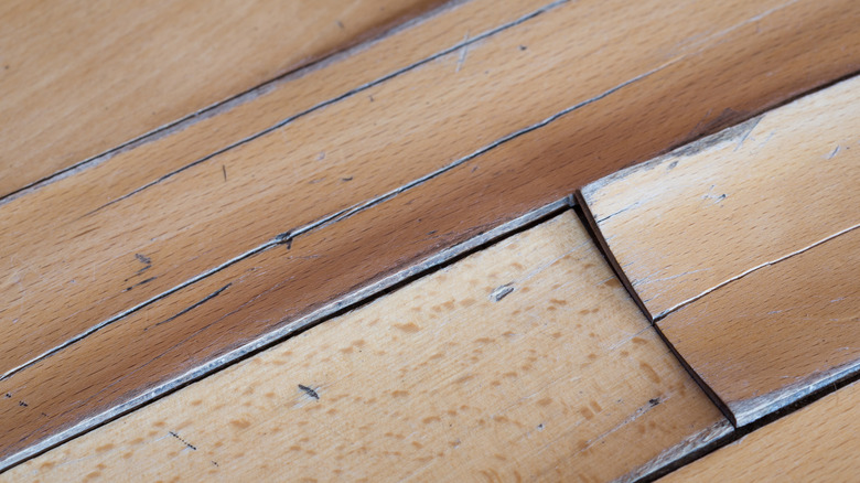Close-up of light wood floor panels that are slightly warped and have cracks.