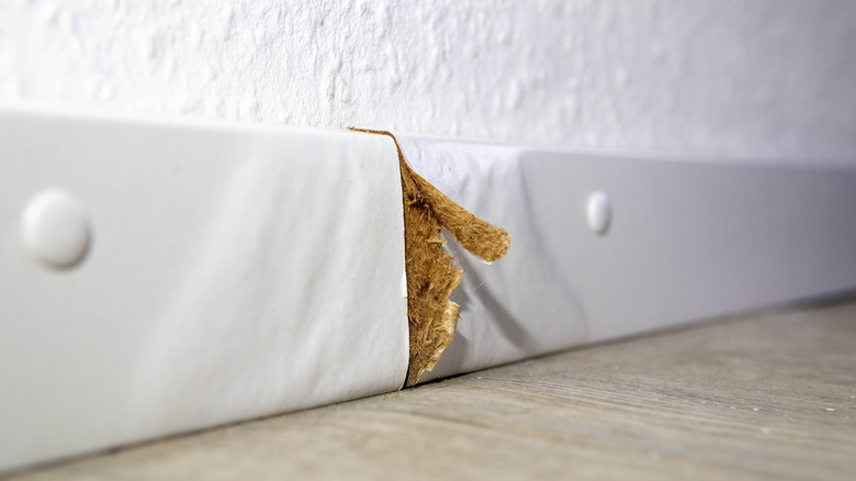 An MDF baseboard trim that's bubbling due to water.