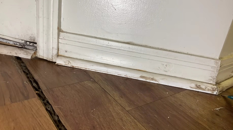 A close up of a peeling and dirty baseboard that has been painted over several times.