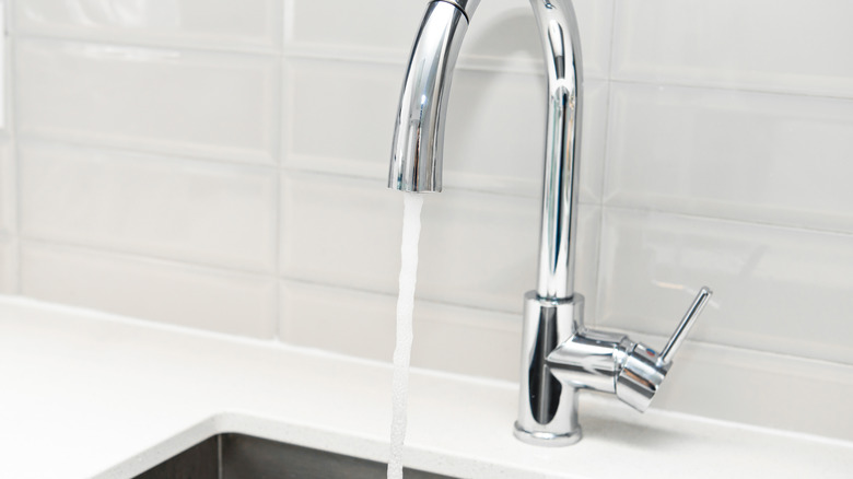 Water flowing from a silver kitchen faucet