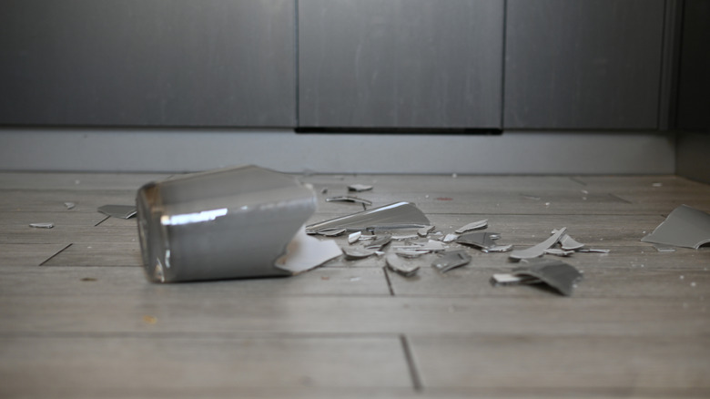 Broken glassware on the floor