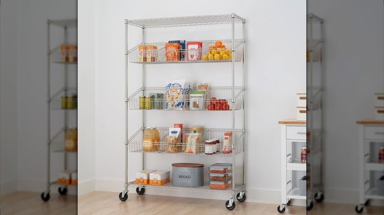 Trinity's EcoStorage 5-tier Shelving with Baskets & Dividers in a pantry