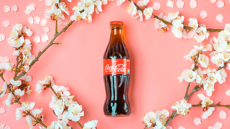 Glass Coca-Cola bottle surrounded by branches in bloom