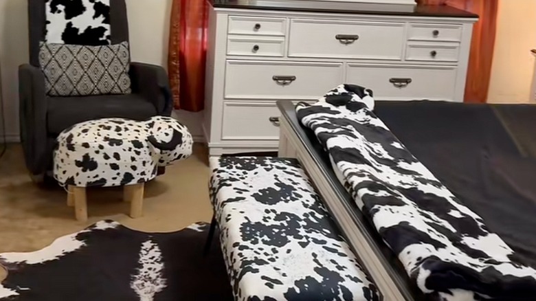 Bedroom with cow print decor