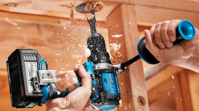 Close-up of a person using Hercules' 20V Brushless ½-inch Drill-Driver