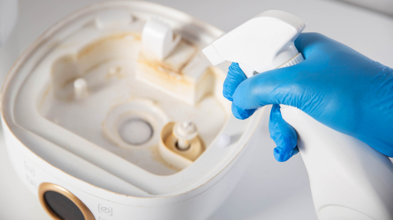 Gloved hands spraying and cleaning a home humidifier