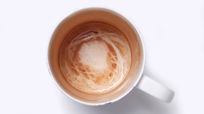 An overhead shot of a mug with tea stains on the inside