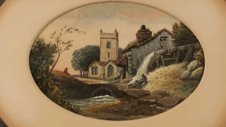 An old landscape painting of a water mill.