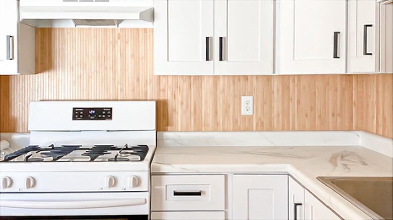Pole wrap as backsplash in kitchen