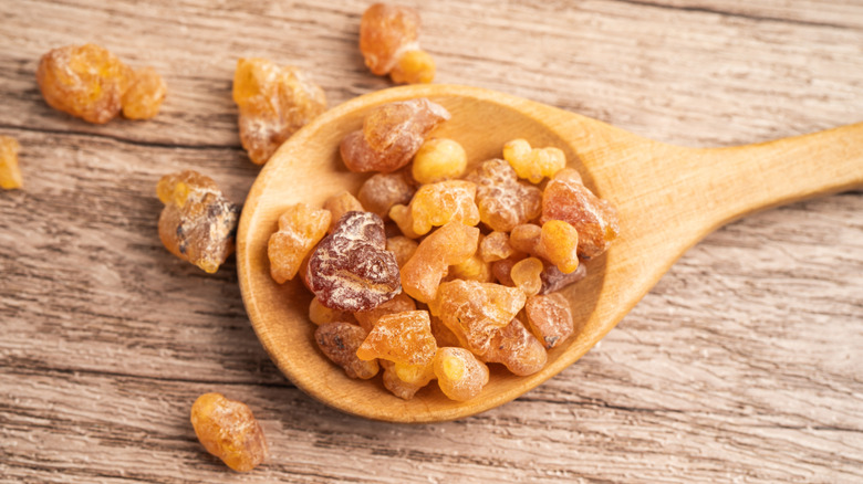 Frankincense tears in wooden spoon.