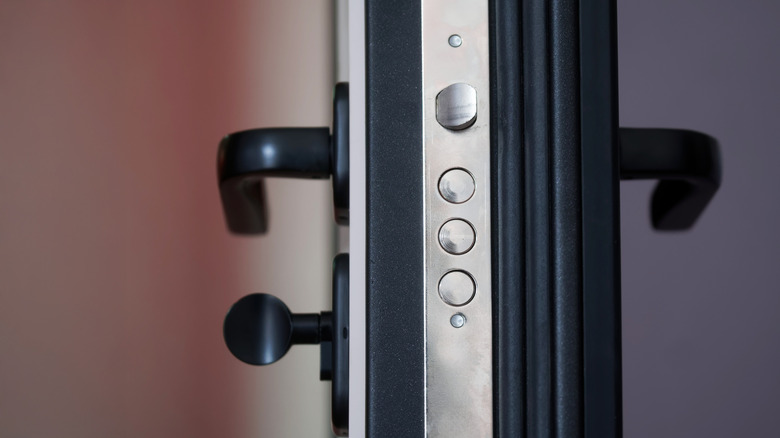 An external deadbolt style door lock.