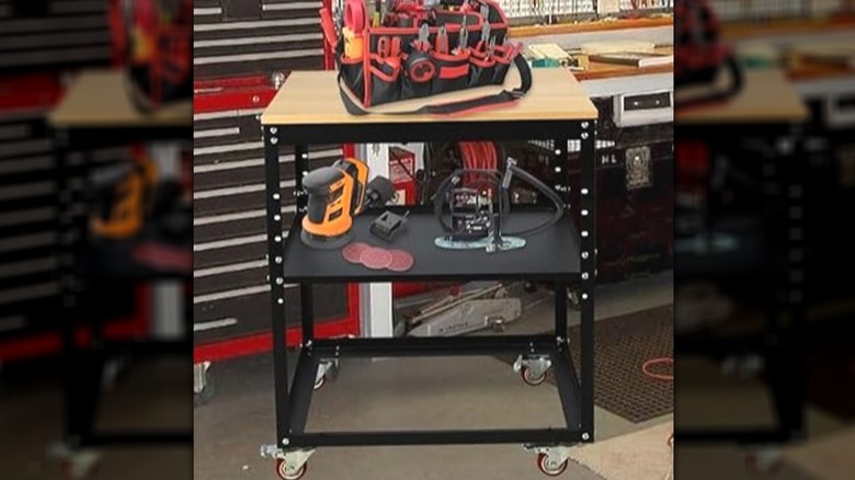 table with wheels in garage