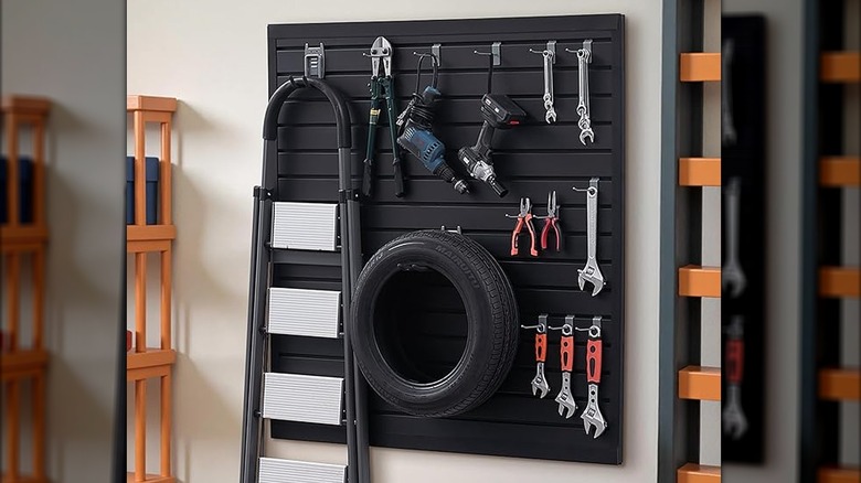 slat wall panel on garage wall