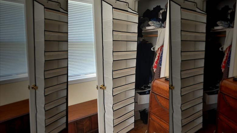 KEEPJOY's 8-Tier Over the Door Hat Rack shown on the door of a closet