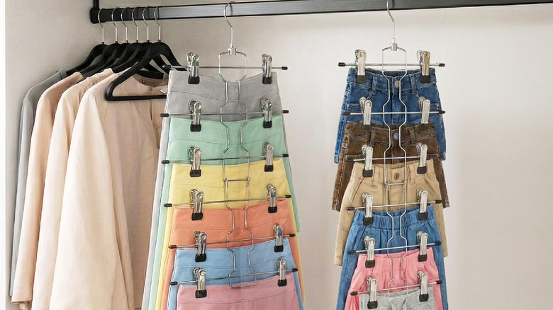 A closet with skirts hung from Zober's 6-tier Skirt Hangers