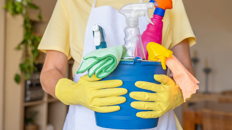 Woman holding cleaning supply bucket filled with cleaners and cloths