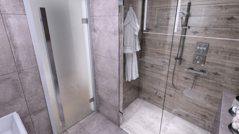 An all-gray modern bathroom interior.