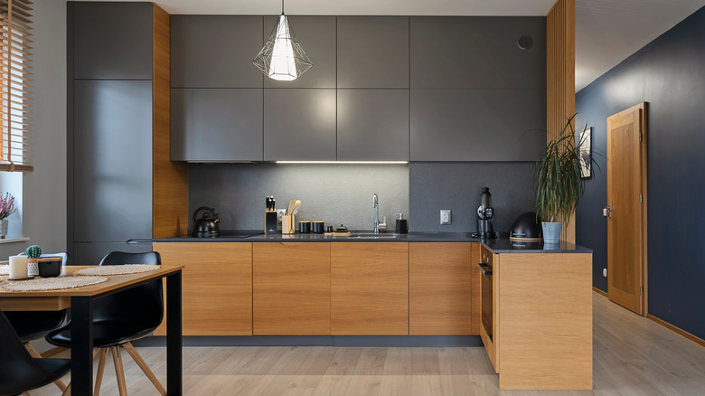 modern kitchen cabinets with contrasting toe kick color