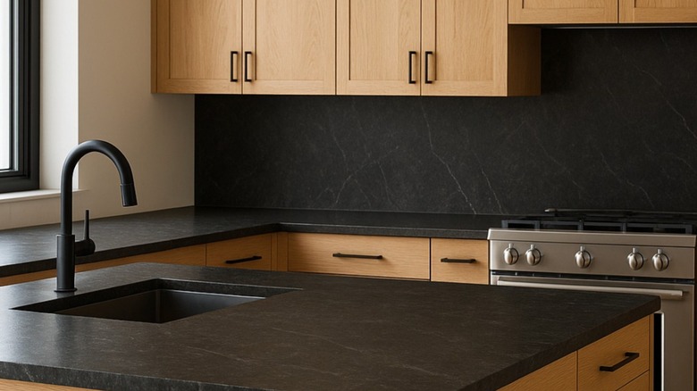 A black granite counter and backsplash with wooden cabinets