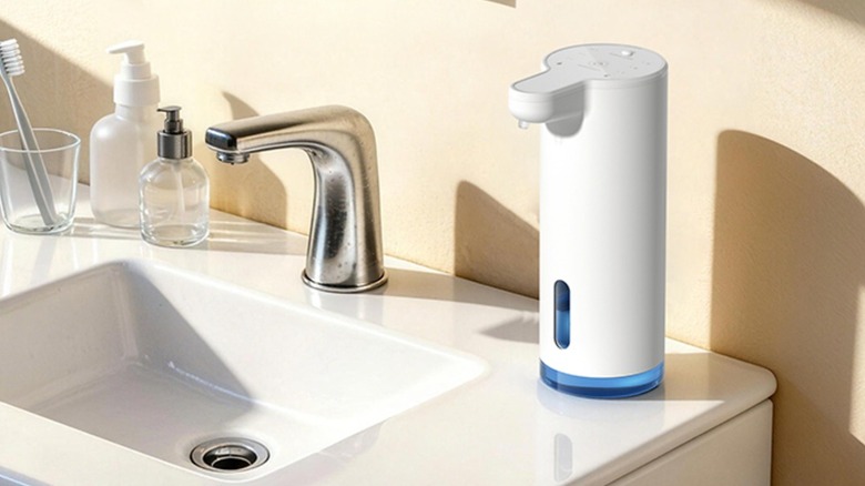 A white soap dispenser on the lip of a bathroom sink