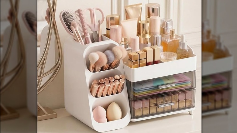 A large makeup organizer filled with different kinds of products