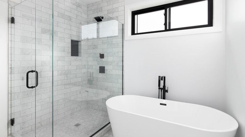 clear glass shower beside standalone tub