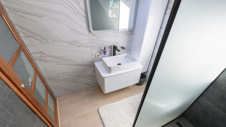 interior view from shower with frosted glass