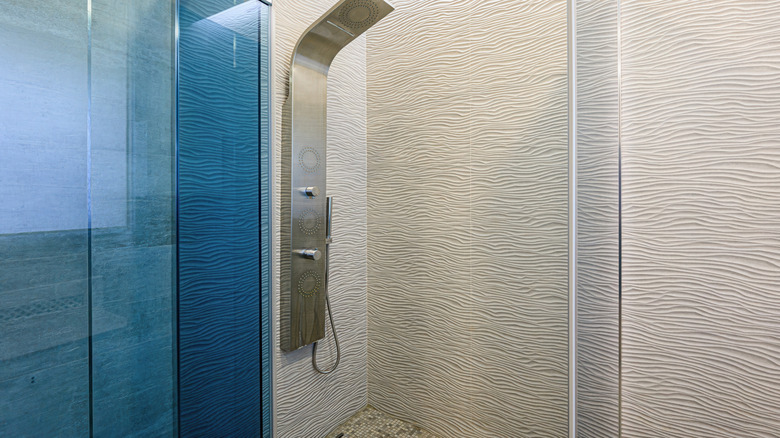 open glass shower door that is tinted blue