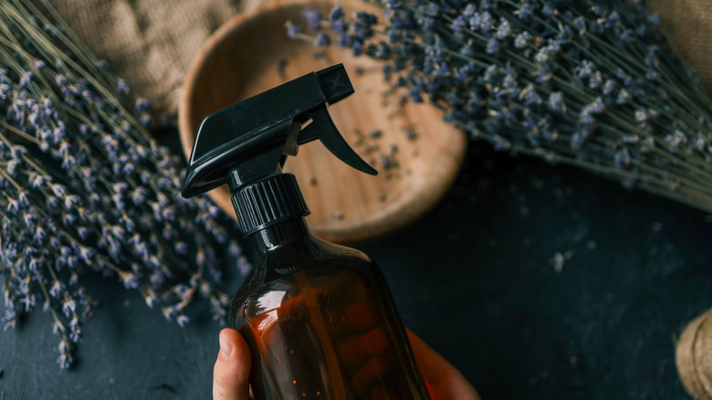 A spray bottle is held above a table and bowl with lavender bunches.