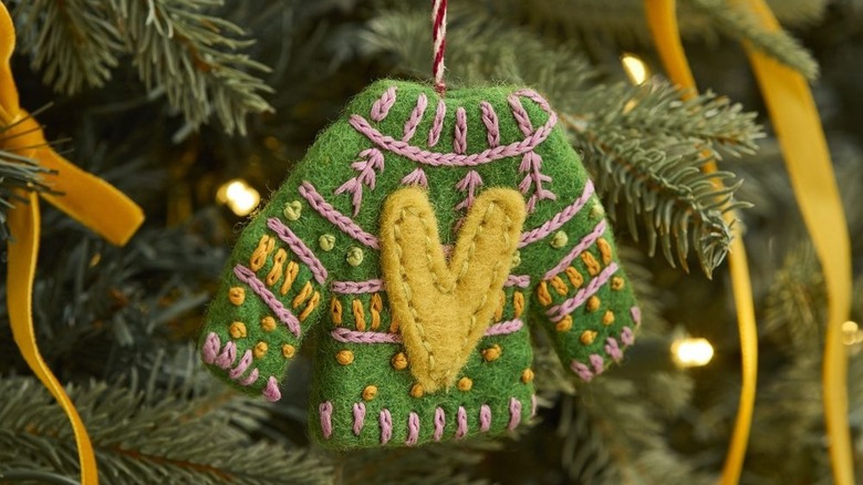 West Elm Felt Monogrammed Initial Holiday Sweater Ornament on tree