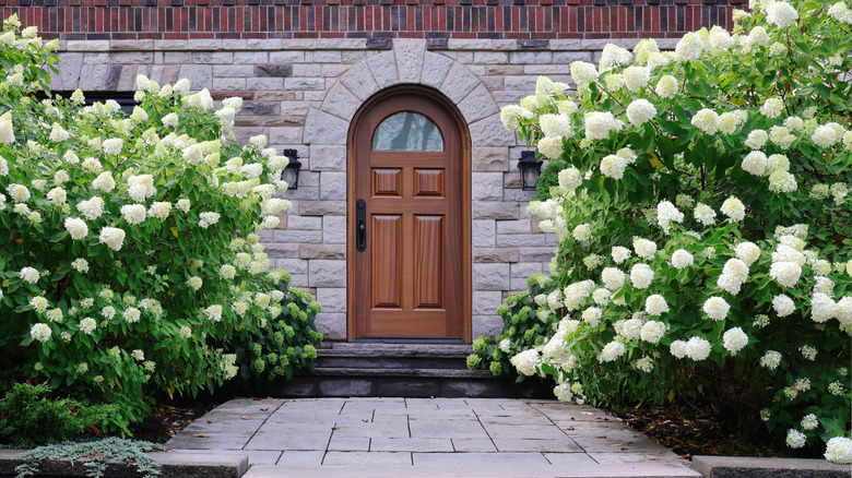 entry way framed by large hydrangeas