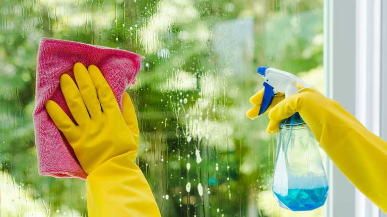 Person wearing gloves uses glass cleaner