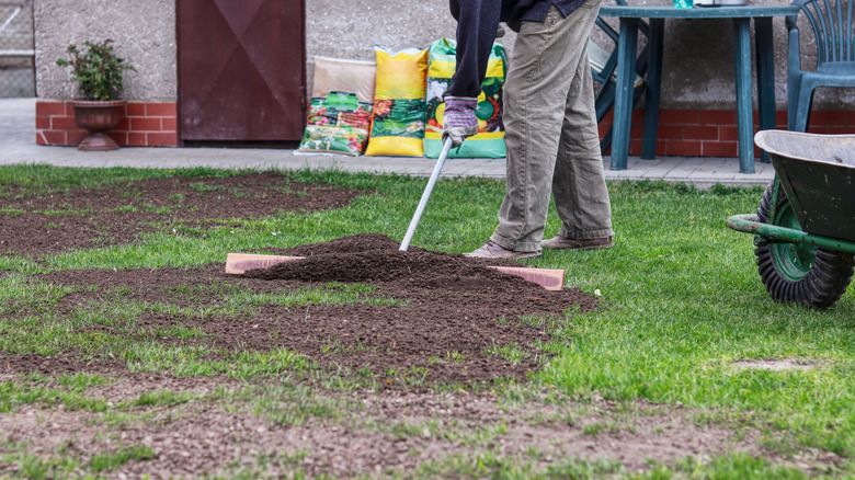 A gardener raking soil over a lawn