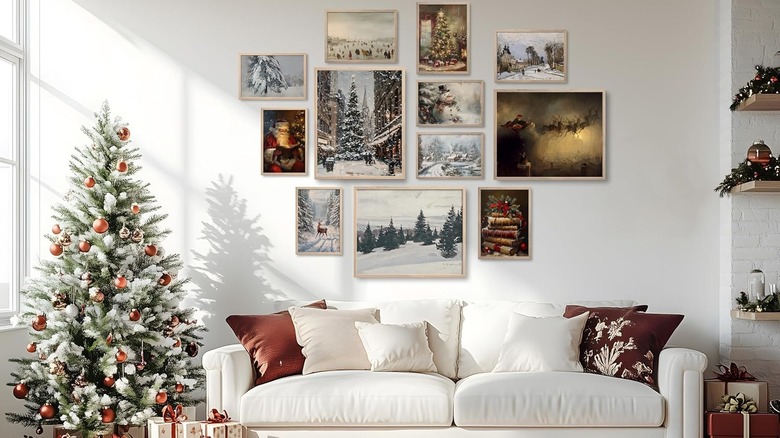 A gallery wall of Christmas art above a couch