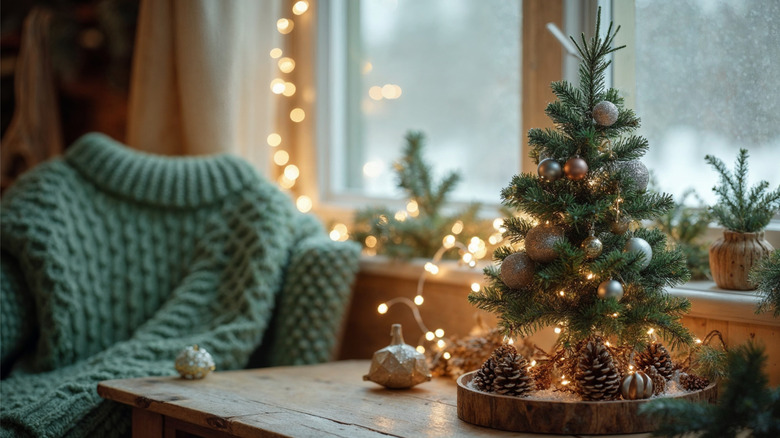 Small Christmas tree on a table with ornaments and pinecones